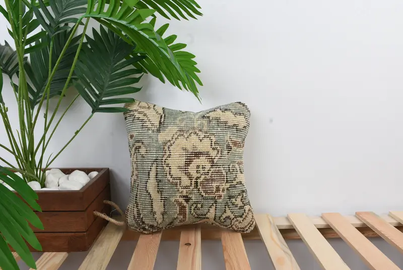 Bright Pillow, Cushion Case, Art Deco Pillow, Ethnical Kilim Rug Pillow, Turkish Pillow, Home Decor Pillow, 12x12 Green Cushion - 1