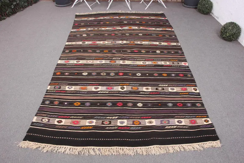 El Yapımı Siyah & Bej Halı, 4,9x8,7 ft Botanik Tasarım