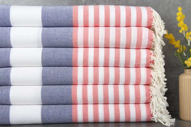Turkish Beach Towel Organic Cotton Striped, Navy Vermilion Beige, 40x67 Inches