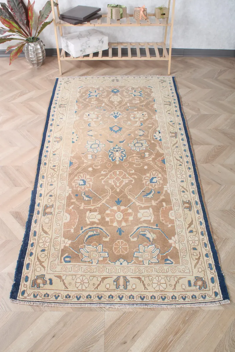 Vintage 3.3x6.9 ft Halı, Türk Vurgulu Halı, Kahverengi Çiçekli Halı - 1