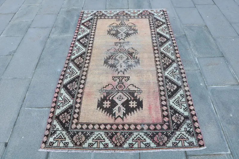 Vintage Turkish Rug 3.6x6 ft (111x182 cm), Oushak Red Black Patchwork Rug - 1