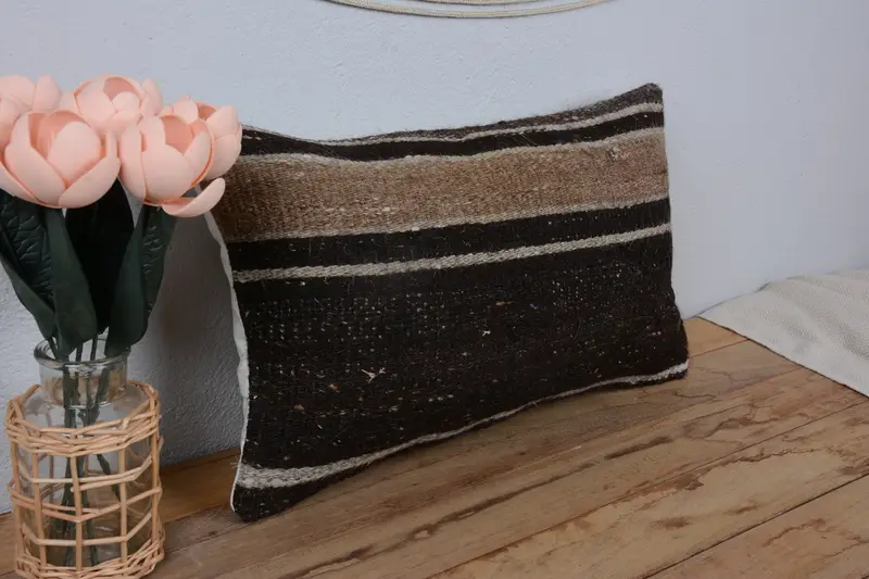 Pillow Cover, Boho Pillow Sham Cover, Pillow for Couch, Kilim Pillow, Turkish Corner Pillow Sham, Farmhouse Pillow Cover, 12x20 Brown Pillow - 1