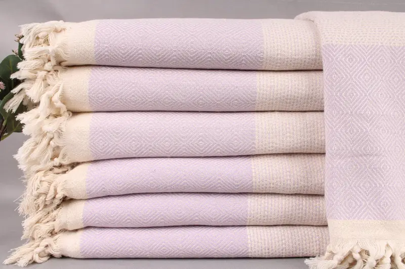 Picnic Blanket Turkish Cotton Lilac Beige Diamond Throw, 79x103 Inches