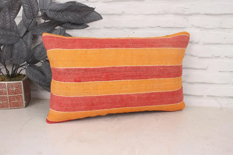 Ethnic Throw Cushion, Boho Pillow Sham Cover, Cushion Cover, Kilim Cushion Sham, Ethnical Kilim Rug Pillow, 12x20 Orange Pillow Sham - 3