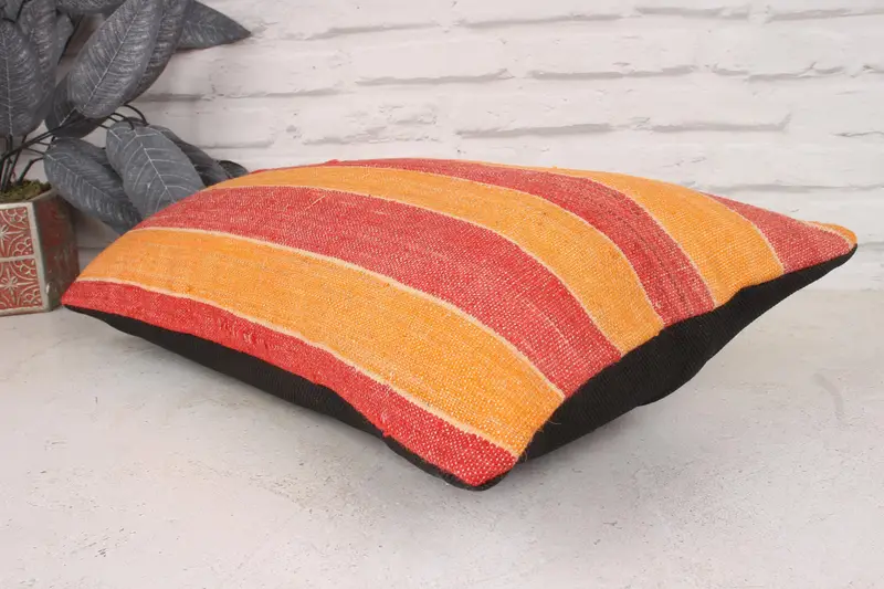 Ethnic Throw Cushion, Boho Pillow Sham Cover, Cushion Cover, Kilim Cushion Sham, Ethnical Kilim Rug Pillow, 12x20 Orange Pillow Sham - 6
