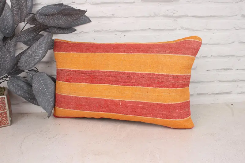 Ethnic Throw Cushion, Boho Pillow Sham Cover, Cushion Cover, Kilim Cushion Sham, Ethnical Kilim Rug Pillow, 12x20 Orange Pillow Sham - 4
