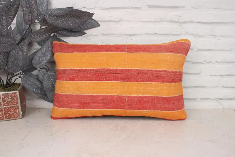 Ethnic Throw Cushion, Boho Pillow Sham Cover, Cushion Cover, Kilim Cushion Sham, Ethnical Kilim Rug Pillow, 12x20 Orange Pillow Sham - 1