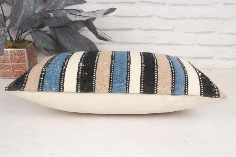 Kilim Cushion Sham, Cushion, Kilim Pillow, 12x20 Blue Pillow Cover, Vintage Throw Cushion, Decorative Pillow Case, Boho Pillow Sham Cover - 5