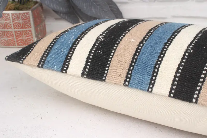 Kilim Cushion Sham, Cushion, Kilim Pillow, 12x20 Blue Pillow Cover, Vintage Throw Cushion, Decorative Pillow Case, Boho Pillow Sham Cover - 7