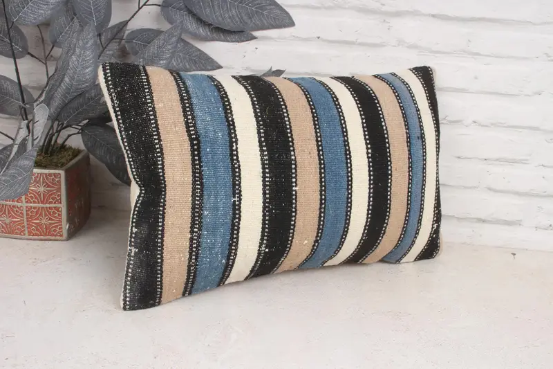 Kilim Cushion Sham, Cushion, Kilim Pillow, 12x20 Blue Pillow Cover, Vintage Throw Cushion, Decorative Pillow Case, Boho Pillow Sham Cover - 3