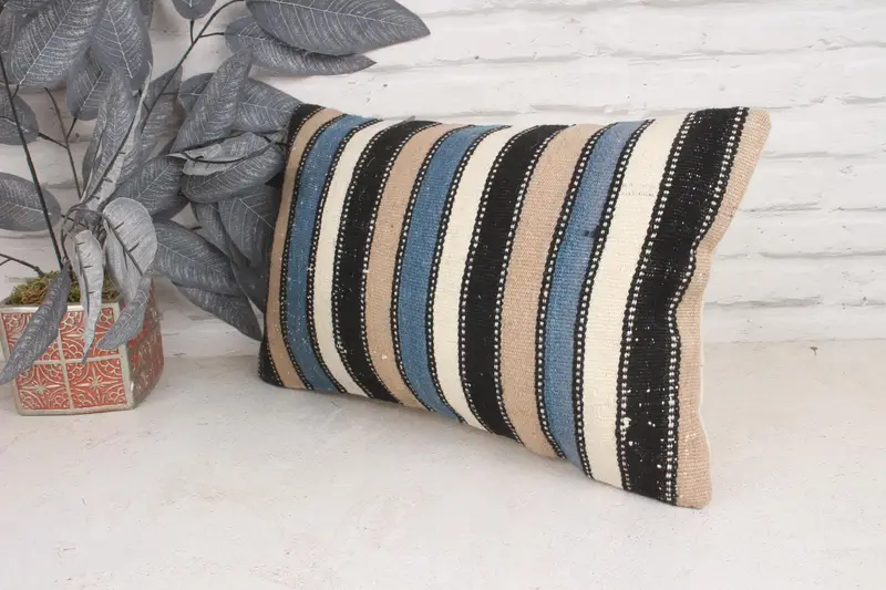 Kilim Cushion Sham, Cushion, Kilim Pillow, 12x20 Blue Pillow Cover, Vintage Throw Cushion, Decorative Pillow Case, Boho Pillow Sham Cover - 4