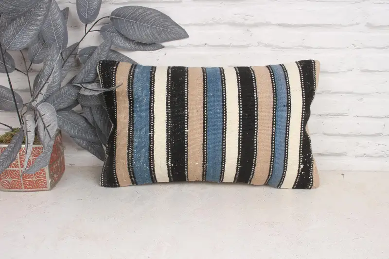 Kilim Cushion Sham, Cushion, Kilim Pillow, 12x20 Blue Pillow Cover, Vintage Throw Cushion, Decorative Pillow Case, Boho Pillow Sham Cover - 1
