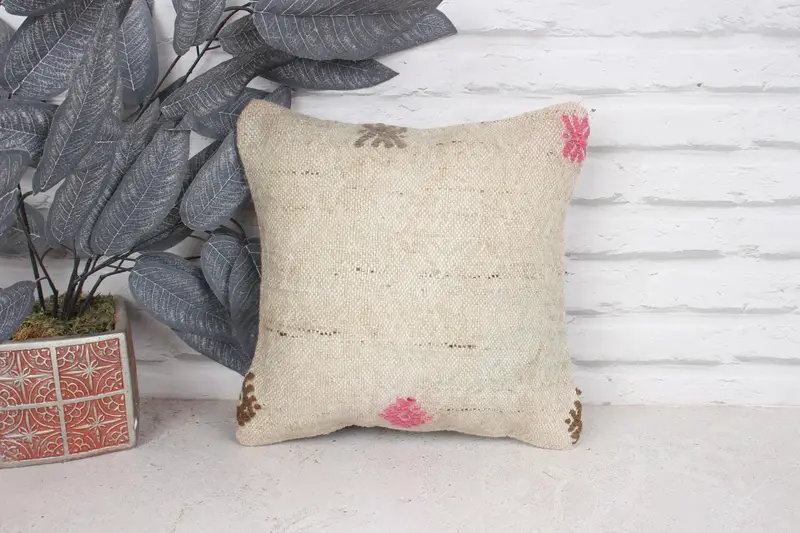 Boho Chic Pillow Cover, 12x12 Beige Pillow Cover, Vintage Pillow, Kilim Cushion Sham, Vintage Kilim Pillow, Boho Pillow, Cushion - 1