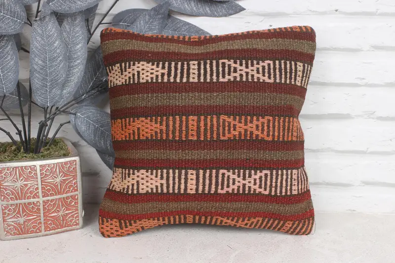 Vintage Kilim Pillow, 12x12 Red Cushion, Handmade Rug Seat Cushion Case, Pillow Sham, Ethnical Kilim Rug Pillow, Kilim Pillow - 1