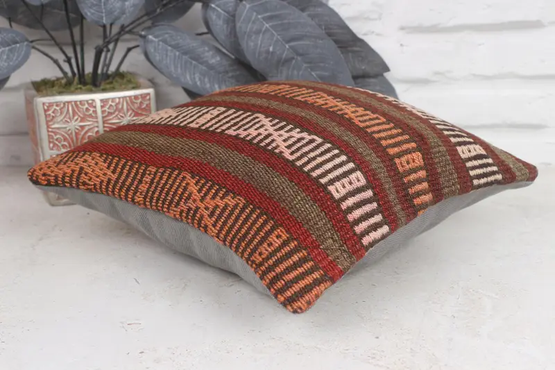 Vintage Kilim Pillow, 12x12 Red Cushion, Handmade Rug Seat Cushion Case, Pillow Sham, Ethnical Kilim Rug Pillow, Kilim Pillow - 6