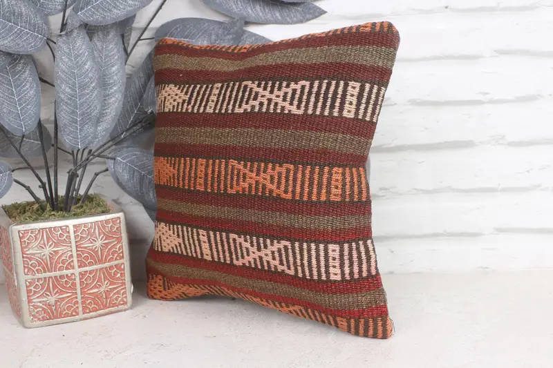 Vintage Kilim Pillow, 12x12 Red Cushion, Handmade Rug Seat Cushion Case, Pillow Sham, Ethnical Kilim Rug Pillow, Kilim Pillow - 3