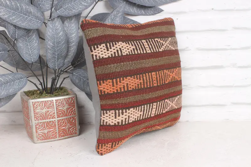 Vintage Kilim Pillow, 12x12 Red Cushion, Handmade Rug Seat Cushion Case, Pillow Sham, Ethnical Kilim Rug Pillow, Kilim Pillow - 4