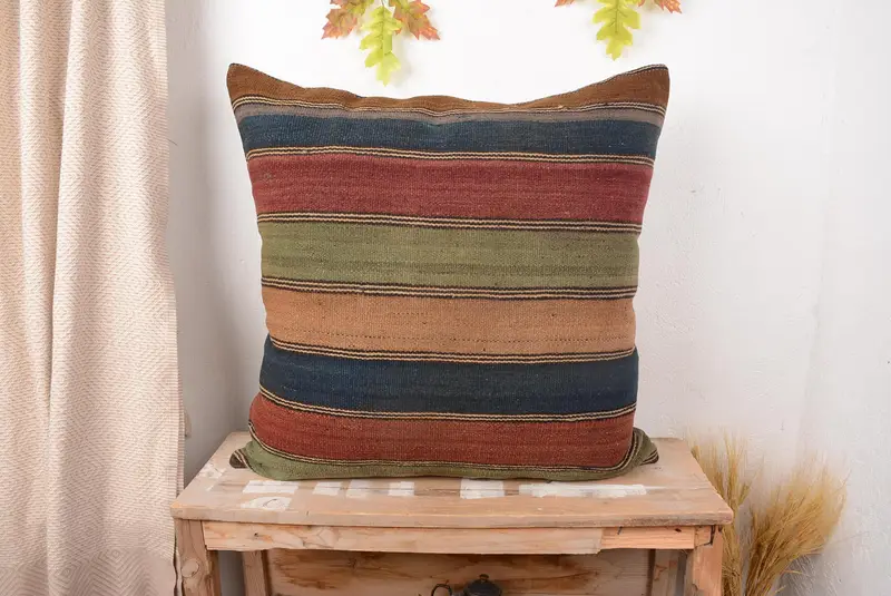 Red & Bronze Striped Throw Pillow, Vintage Embroidered Cushion