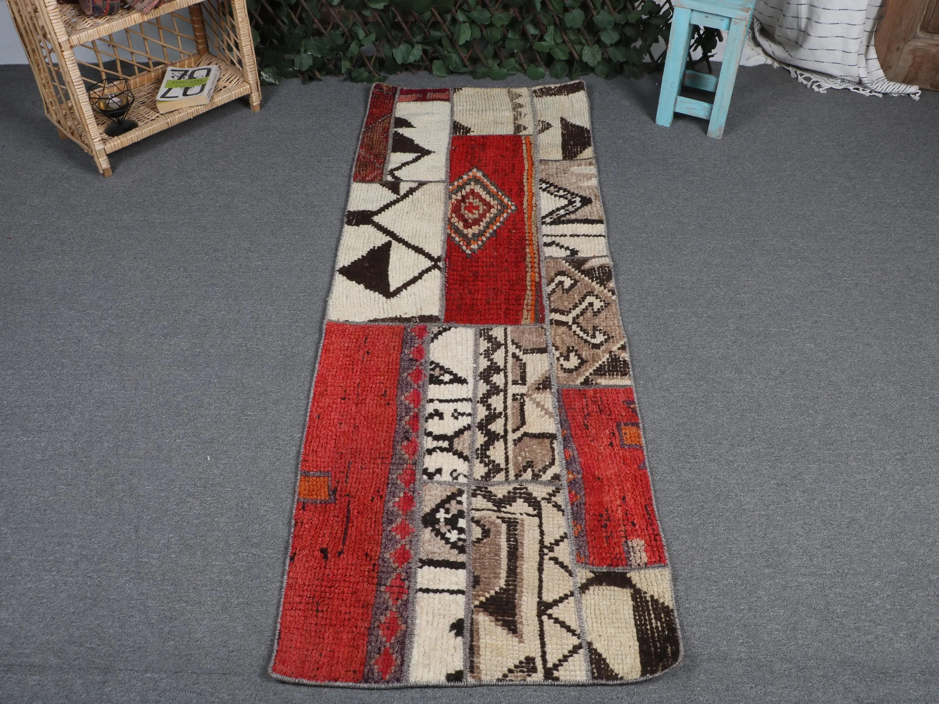 2,1x5,8 ft türkischer Läuferteppich, Vintage-Teppich, rot-weißer Ikat-Wollteppich - 1
