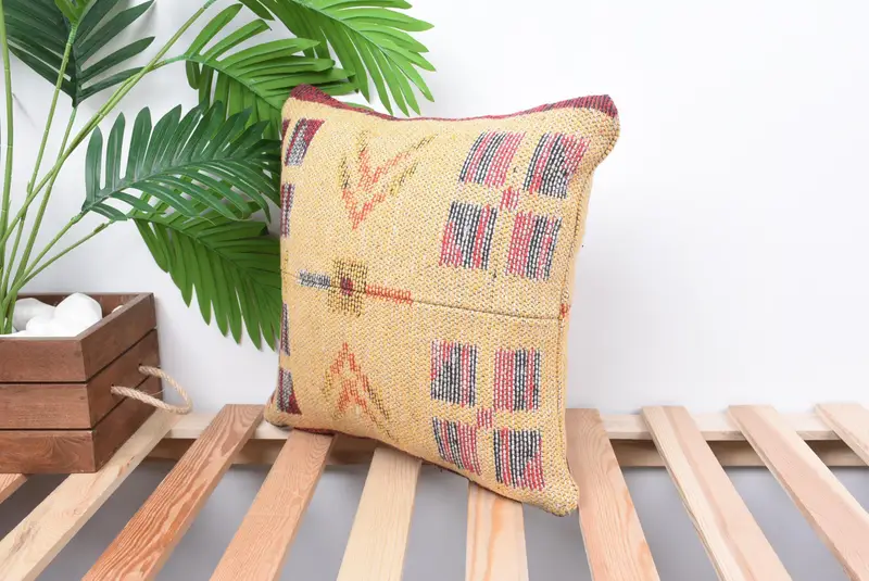 Cotton Cushion Case, Cushion, 14x14 Yellow Pillow Sham, Kilim Pillow, Outdoor Throw Pillow, Turkish Pillow, Throw Kilim Pillow - 5