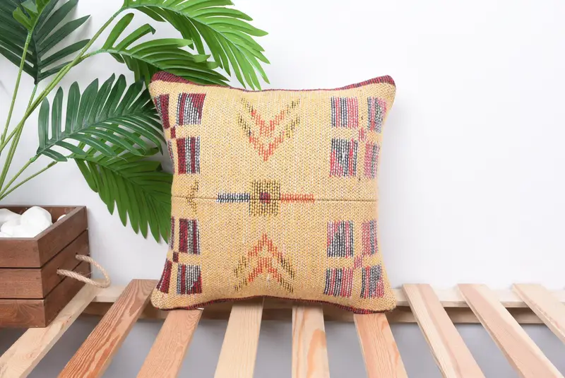 Cotton Cushion Case, Cushion, 14x14 Yellow Pillow Sham, Kilim Pillow, Outdoor Throw Pillow, Turkish Pillow, Throw Kilim Pillow - 1