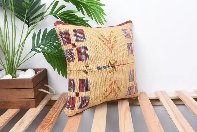 Cotton Cushion Case, Cushion, 14x14 Yellow Pillow Sham, Kilim Pillow, Outdoor Throw Pillow, Turkish Pillow, Throw Kilim Pillow - 4