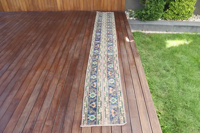 1.4x11.3 ft Halı, Vintage Türk Yolluk Halısı, Mavi Oushak Yün Halı - 1