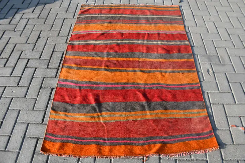 Vintage Rug, 3.8x5.3 ft Turkish Rug, Red Orange Striped Wool Rug - 1