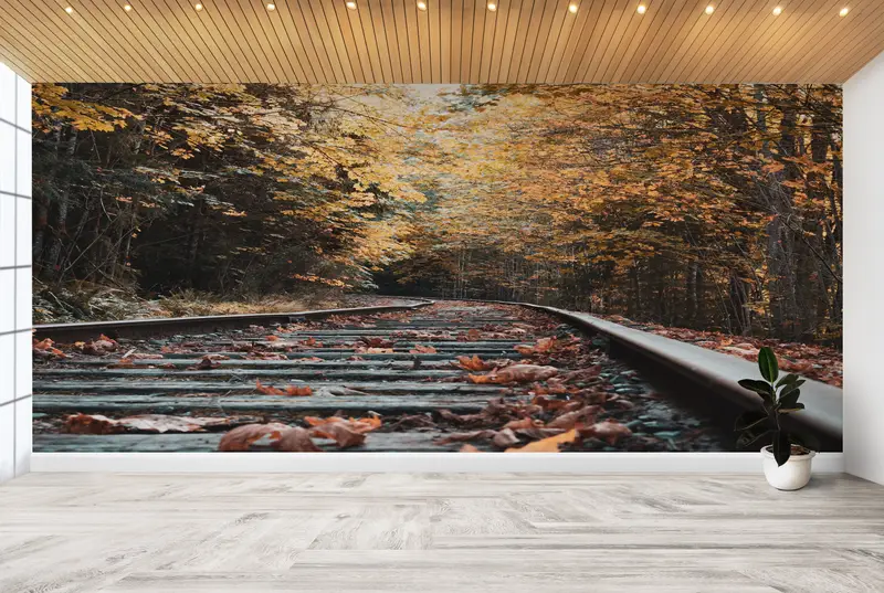 Leaves Wall Mural, Autumn Leaves Wallpaper, View Wall Art, Tree Wall Art, Landscape Wall Painting, Autumn Railroad Tracks Wallpaper, - 1