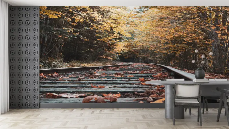 Leaves Wall Mural, Autumn Leaves Wallpaper, View Wall Art, Tree Wall Art, Landscape Wall Painting, Autumn Railroad Tracks Wallpaper, - 7