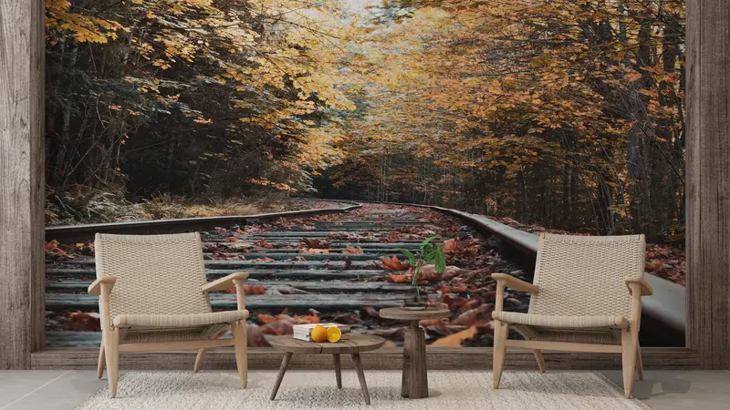 Leaves Wall Mural, Autumn Leaves Wallpaper, View Wall Art, Tree Wall Art, Landscape Wall Painting, Autumn Railroad Tracks Wallpaper, - 2