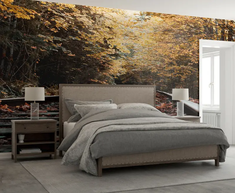 Leaves Wall Mural, Autumn Leaves Wallpaper, View Wall Art, Tree Wall Art, Landscape Wall Painting, Autumn Railroad Tracks Wallpaper, - 6