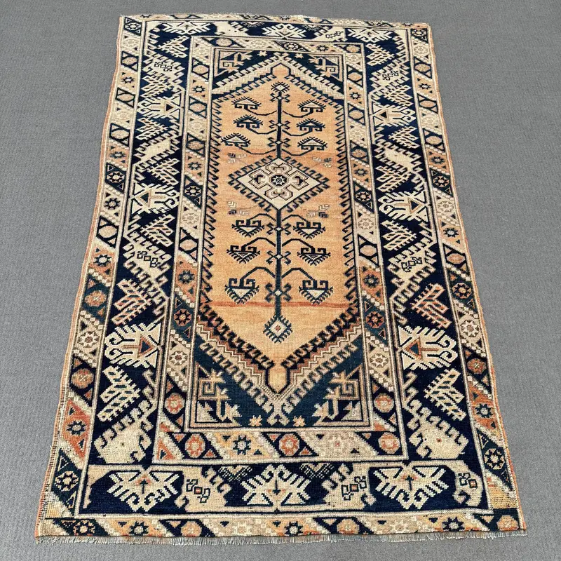 鮮やかなオレンジとブルーのラグ、3.2x6.3フィートのボタニカルデザイン