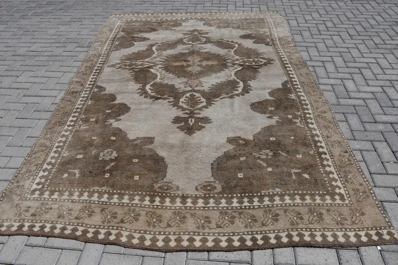 Vintage 6.8x10.5 ft Halı, Türk Büyük Boy Halı, Kahverengi Bitki ve Ağaç Halısı - 1