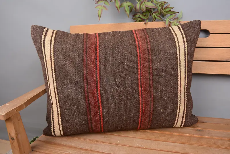 Brown & Beige Striped Pillow, 20x28 Embroidered Throw Pillow