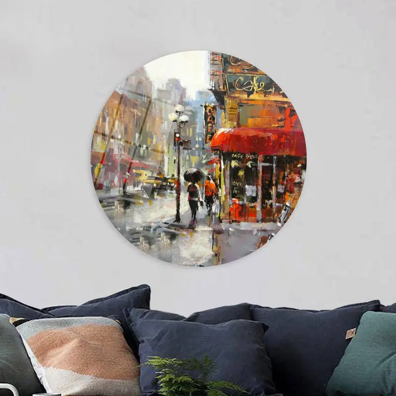 現代都市景観キャンバス: 雨の日、傘を持つ人々