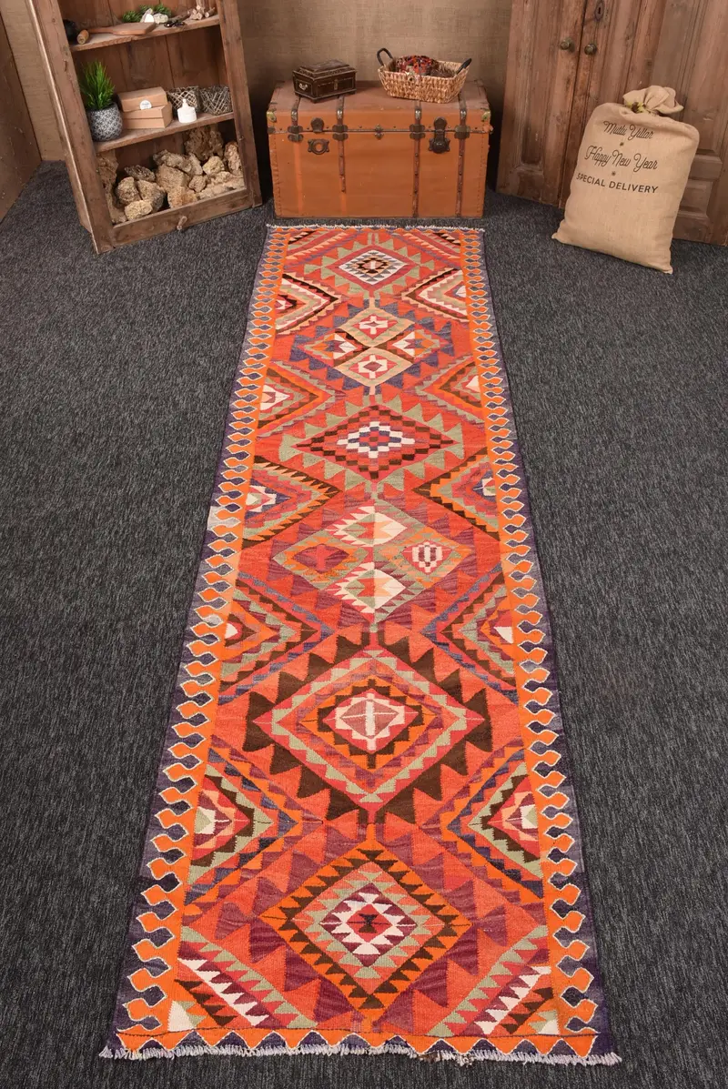 Alfombra turca vintage de 3,2x11,6 pies, alfombra corredora, alfombra de lana naranja Kilim - 1