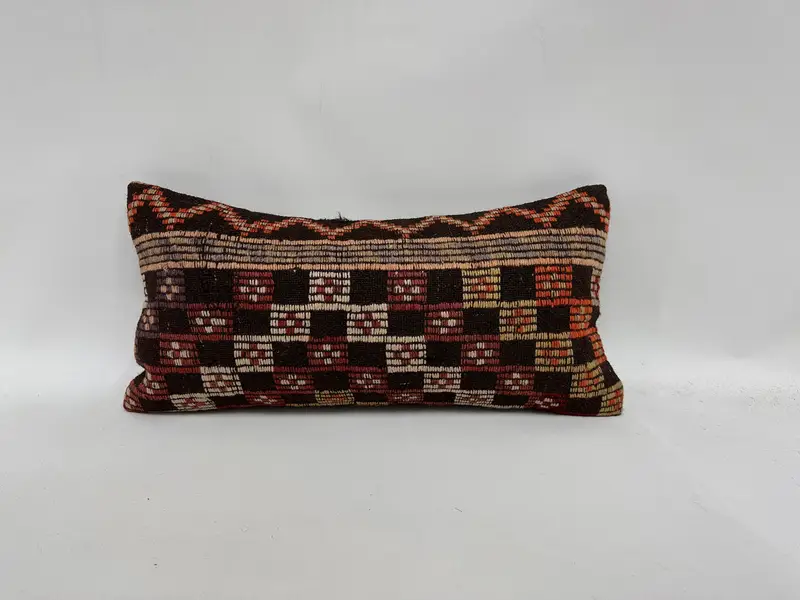 Interior Designer Pillow, Ethnical Kilim Rug Pillow, Antique Pillows, Pillow, Kilim Rug Pillow Cover, Accent Throw Cushion, 12x24 Brown Pillow Sham - 1