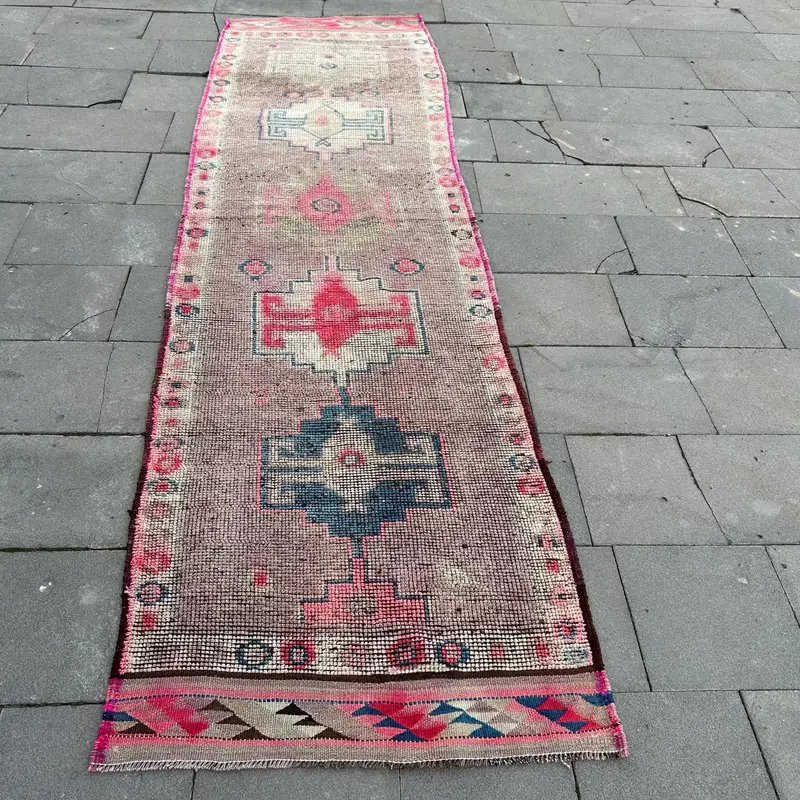 2,9x10,2 ft türkischer Herki Teppich, Vintage Teppich, rosa floraler Wollteppich - 1