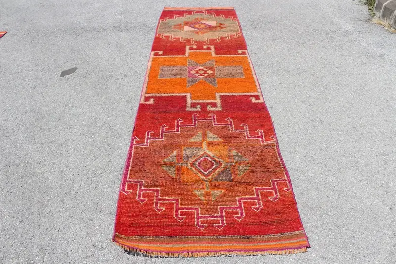 Alfombra turca de 3x11,1 pies, alfombra vintage corredor, alfombra ombré naranja roja - 1