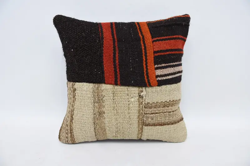 Neutral Cushion Case, Vintage Kilim Throw Pillow, Ethnical Kilim Rug Pillow, 14x14 Brown Cushion, Kilim Pillow Cover, Cushion Case, Ikat Cushion - 1