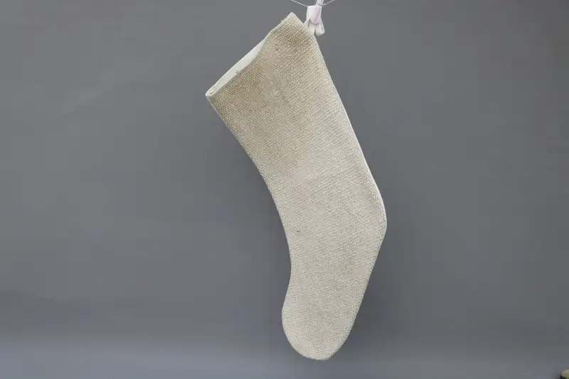 Beige Christmas Stocking with White Ornaments, Festive Holiday Stocking