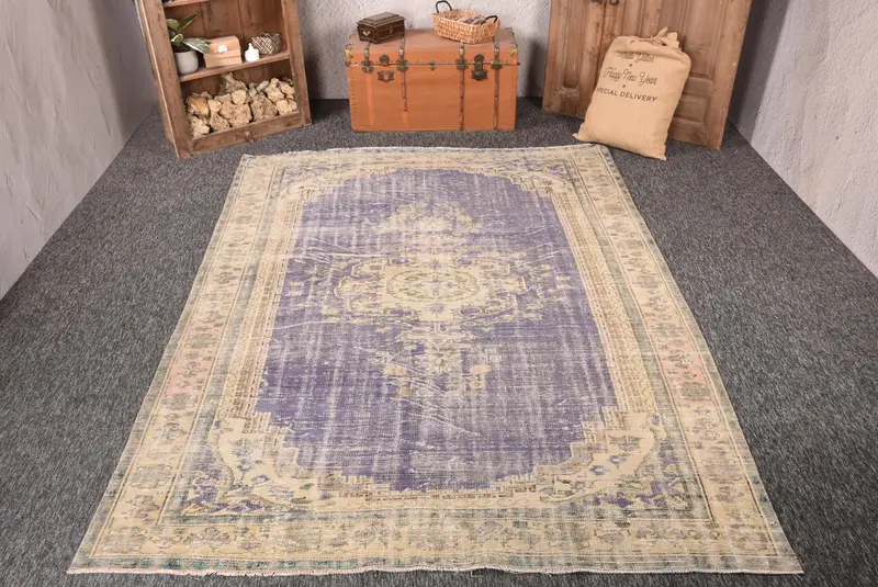 Vintage 6.8x9.7 ft Rug, Large Turkish Rug, Beige Geometric Wool Rug - 1