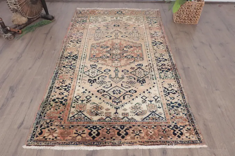 Vintage Turkish Rug, 4x6.9 ft Area Rug, Brown Oushak Polka dot Rug - 1