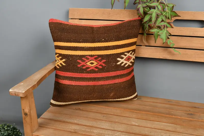 Kilim Pillow, Handwoven Pillow Cover Pillow Cover, Cushion, 18x18 Brown Pillow, Home Decor Pillow, Ethnical Kilim Rug Pillow - 1