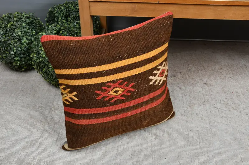 Kilim Pillow, Handwoven Pillow Cover Pillow Cover, Cushion, 18x18 Brown Pillow, Home Decor Pillow, Ethnical Kilim Rug Pillow - 7
