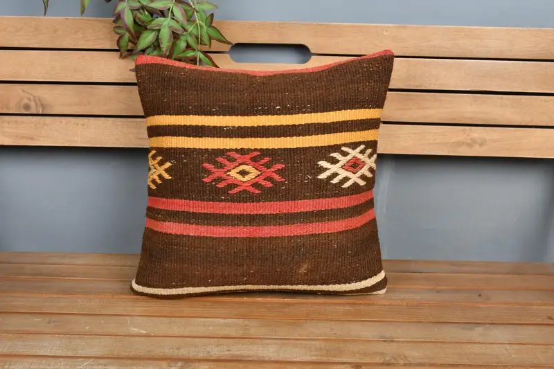 Kilim Pillow, Handwoven Pillow Cover Pillow Cover, Cushion, 18x18 Brown Pillow, Home Decor Pillow, Ethnical Kilim Rug Pillow - 6