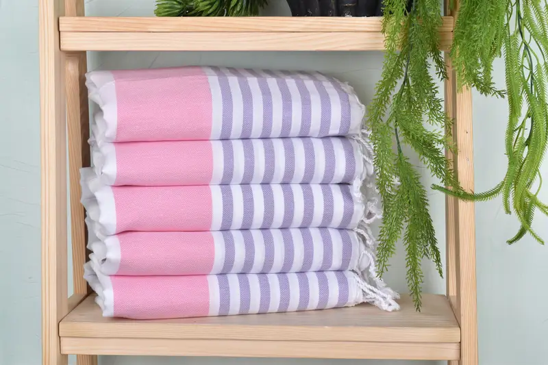 Pink-Lilac Cotton Towel Striped Bath Towel Beige, 40x71 Inches