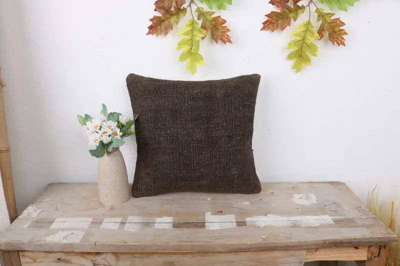 Pillow Case, Bed Pillow Cover, Farmhouse Cushion, Gift Pillow, Boho Pillow, 12x12 Brown Pillow Case, Ethnical Kilim Rug Pillow - 1