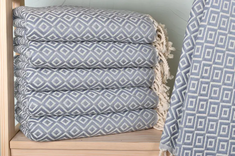 Embroidered Beach Towel Gray Diamond 40x71 Inches Organic Cotton/Linen